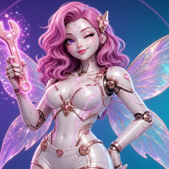 Jenny Bot, the FixFairy mascot: a pink robot fairy with iridescent wings holding a glowing wrench